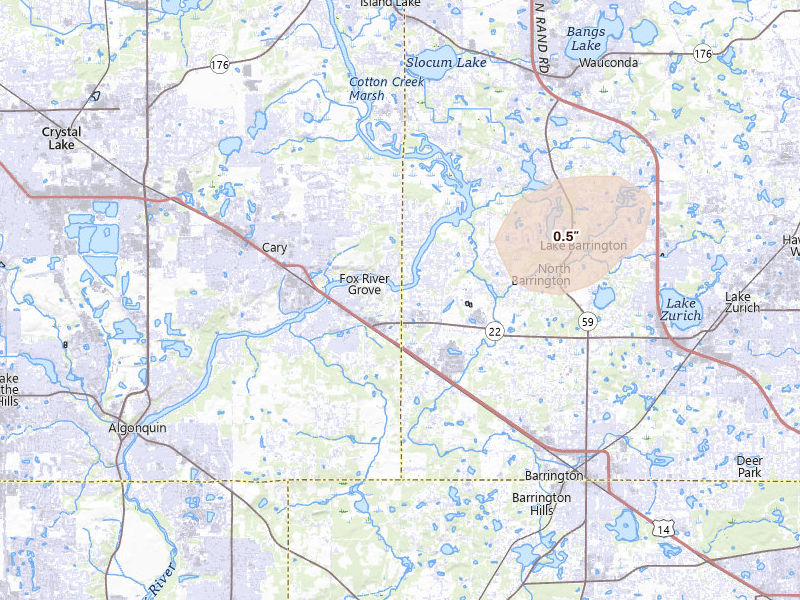 Radar-estimated hail-size map of the storm over Barrington, IL on Jul 3, 2026