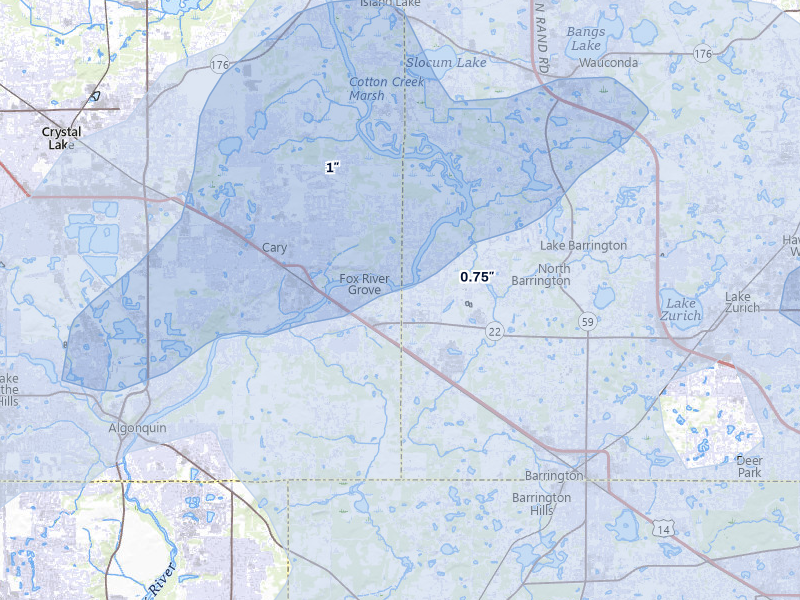 NEXRAD radar-signature map of the hail storm over Barrington, IL on Jul 3, 2026