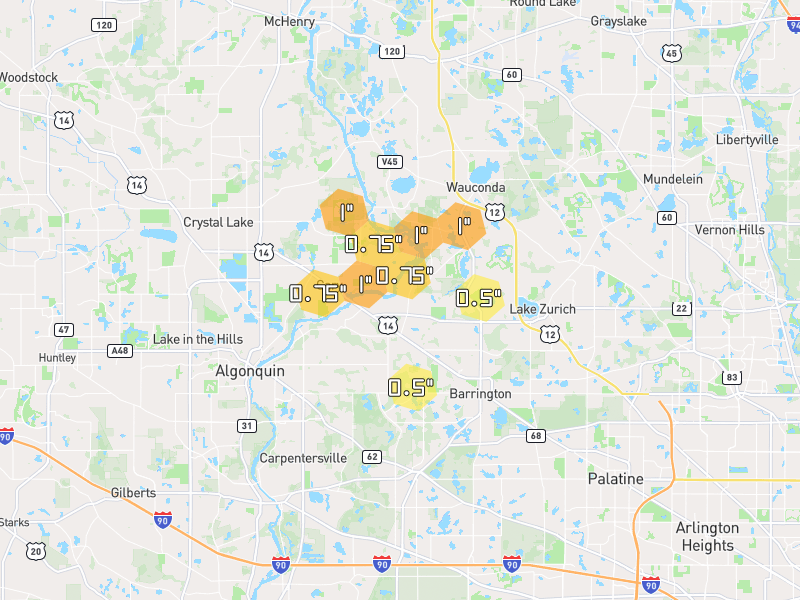 Hail map of Barrington, IL on Jul 3, 2026, hail up to 1"