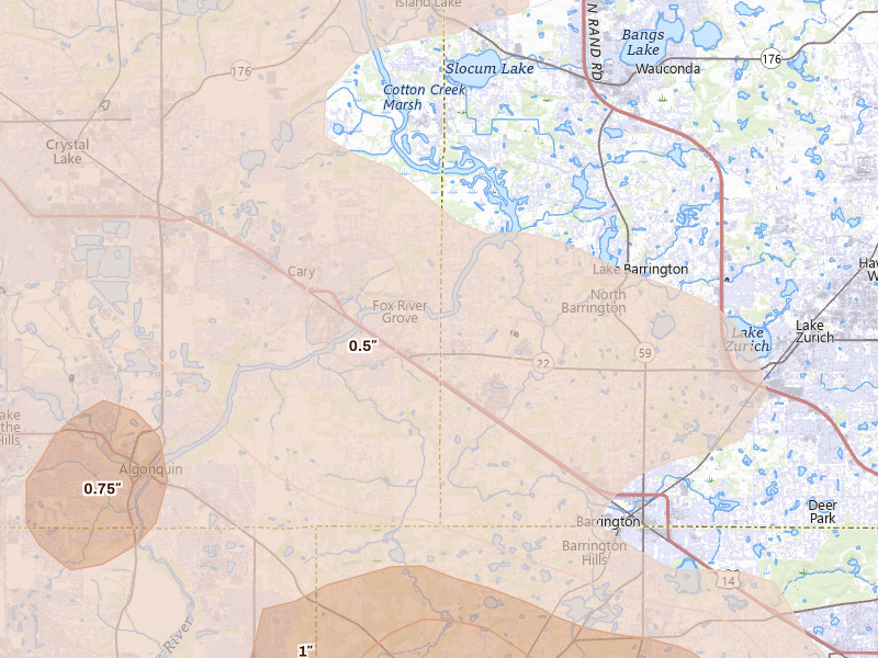 Radar-estimated hail-size map of the storm over Barrington, IL on Jul 27, 2026