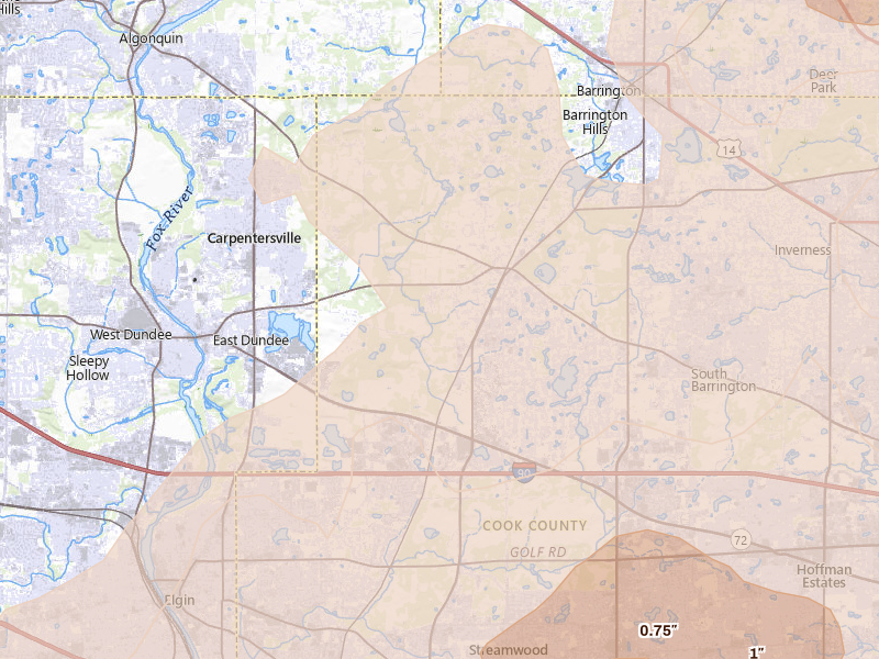 Radar-estimated hail-size map of the storm over Barrington, IL on Aug 9, 2026