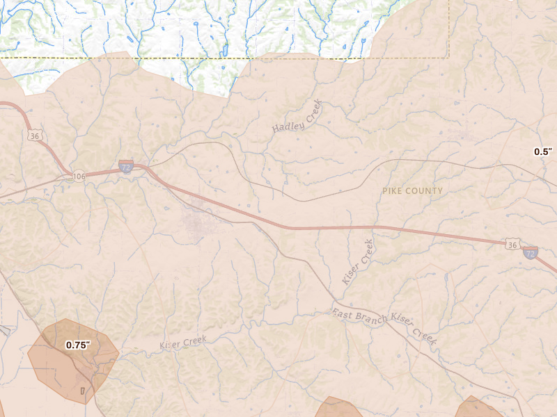 Radar-estimated hail-size map of the storm over Barry, IL on Apr 27, 2026