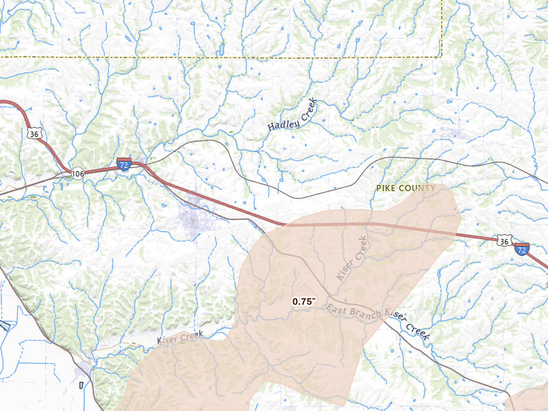 Radar-estimated hail-size map of the storm over Barry, IL on Jun 11, 2026