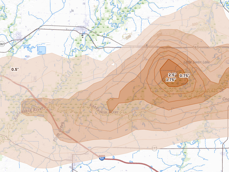 Radar-estimated hail-size map of the storm over Bartelso, IL on Apr 26, 2026