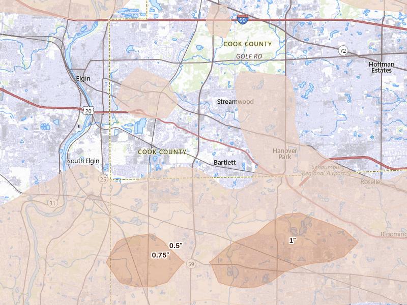 Radar-estimated hail-size map of the storm over Bartlett, IL
