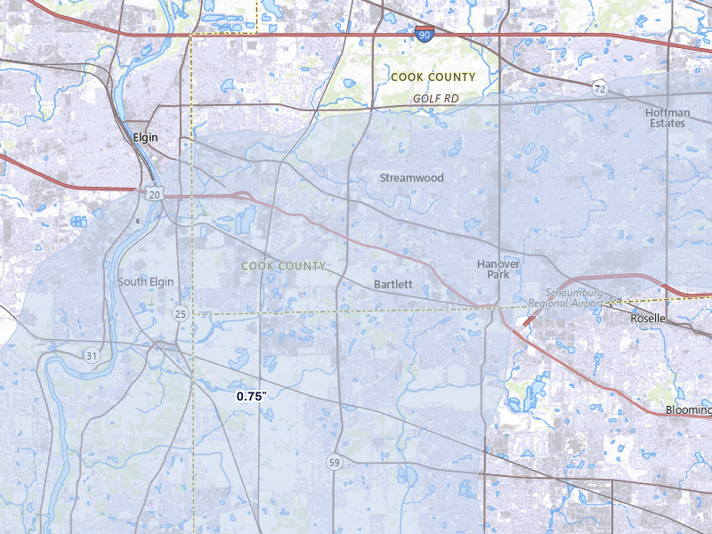 NEXRAD radar-signature map of the hail storm over Bartlett, IL on May 4, 2026