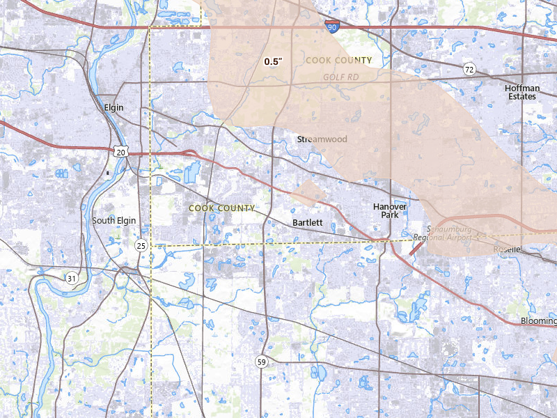 Radar-estimated hail-size map of the storm over Bartlett, IL on Jun 24, 2026