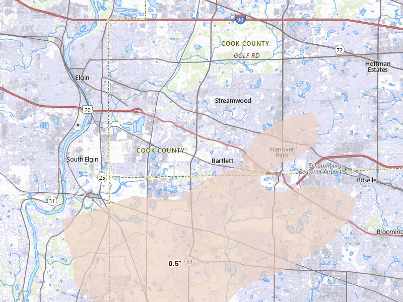 Radar-estimated hail-size map of the storm over Bartlett, IL on Jul 2, 2026