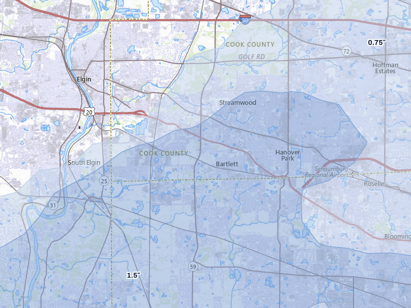 NEXRAD radar-signature map of the hail over Bartlett, IL