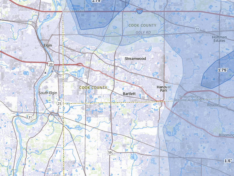 NEXRAD radar-signature map of the hail storm over Bartlett, IL on Jul 3, 2026