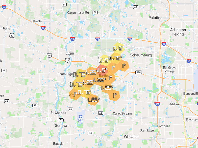 Hail map of Bartlett, IL on Jul 3, 2026, hail up to 1.5"