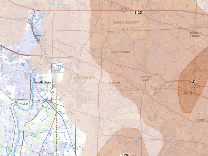 Radar-estimated hail-size map of the storm over Bartlett, IL on Jul 27, 2026