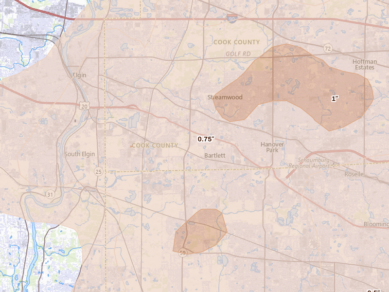 Radar-estimated hail-size map of the storm over Bartlett, IL on Aug 9, 2026