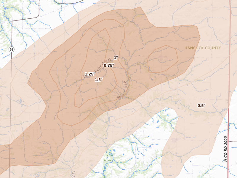 Radar-estimated hail-size map of the storm over Basco, IL on Apr 17, 2026