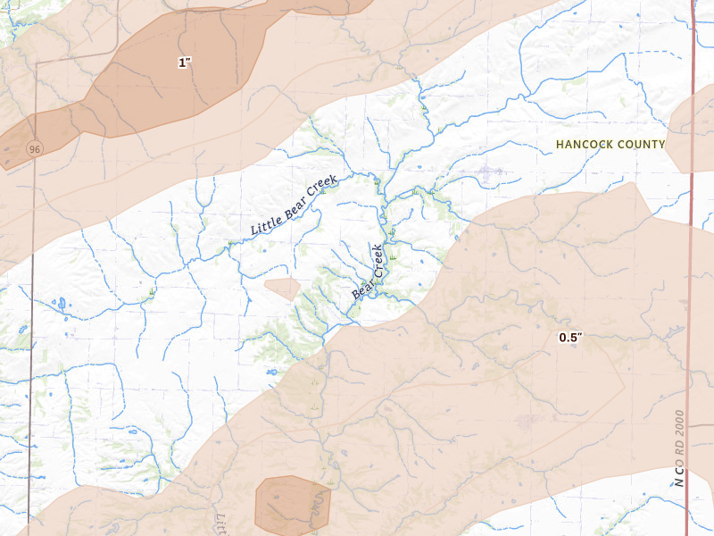 Radar-estimated hail-size map of the storm over Basco, IL on Jun 11, 2026