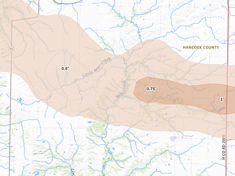 Radar-estimated hail-size map of the storm over Basco, IL on Jun 17, 2026