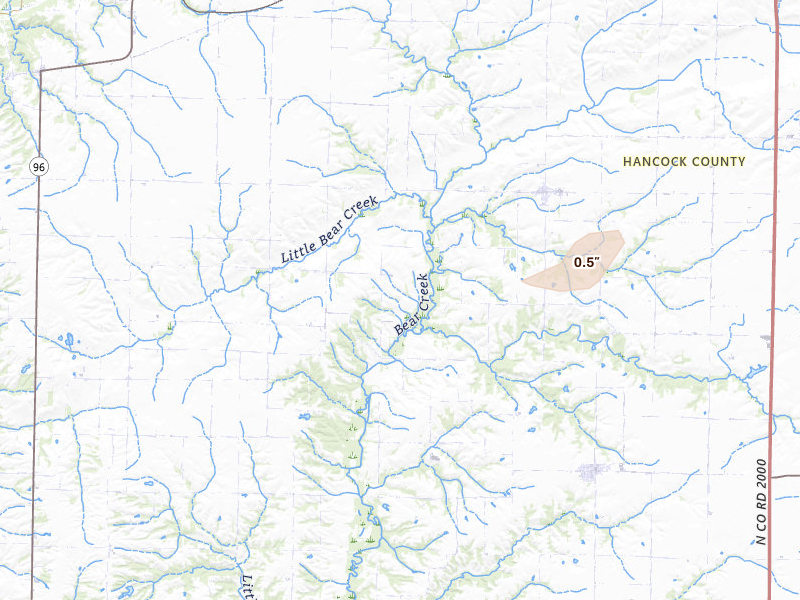 Radar-estimated hail-size map of the storm over Basco, IL on Jul 3, 2026