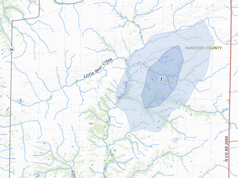 NEXRAD radar-signature map of the hail storm over Basco, IL on Jul 3, 2026