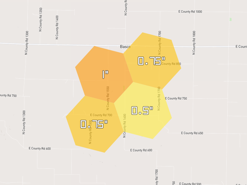 Hail map of Basco, IL on Jul 3, 2026, hail up to 1"