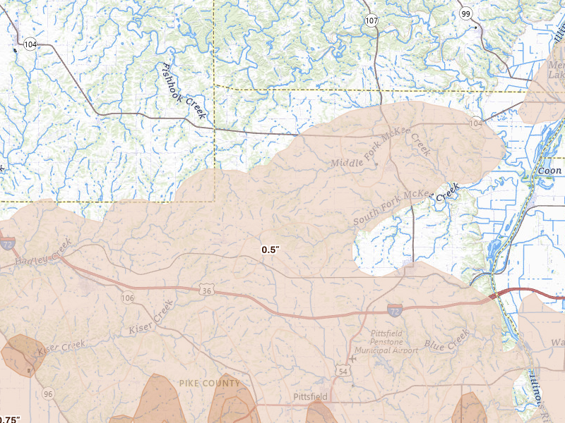 Radar-estimated hail-size map of the storm over Baylis, IL on Apr 27, 2026