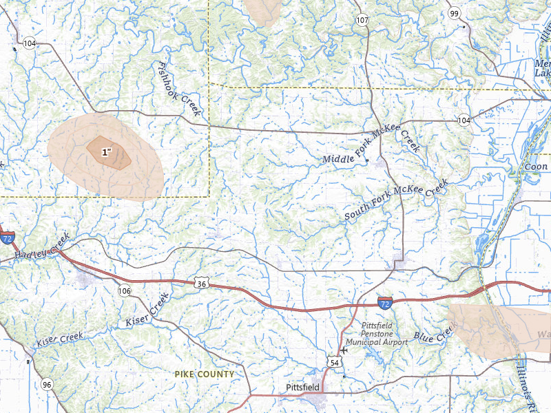 Radar-estimated hail-size map of the storm over Baylis, IL on May 16, 2026