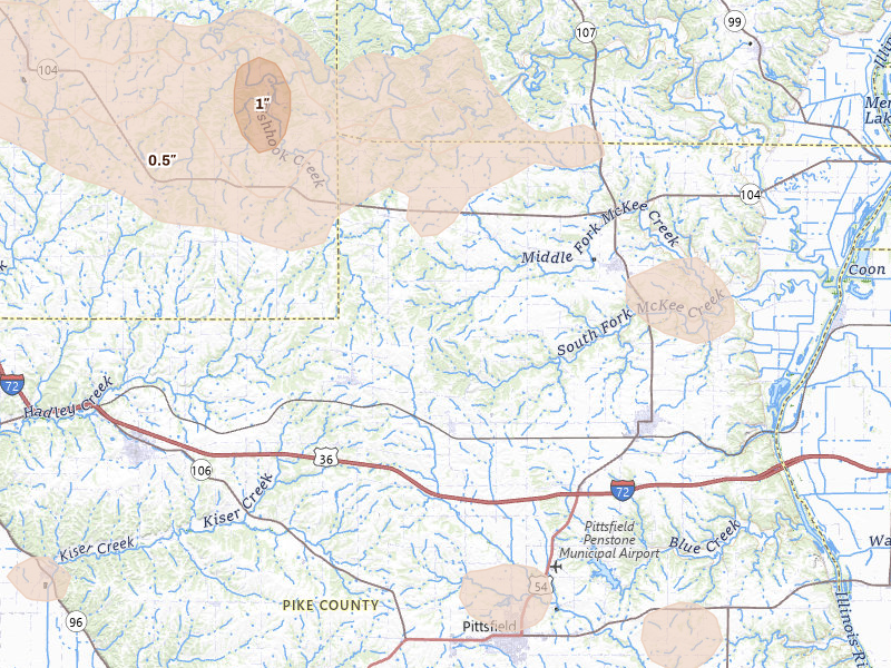 Radar-estimated hail-size map of the storm over Baylis, IL on Jun 17, 2026