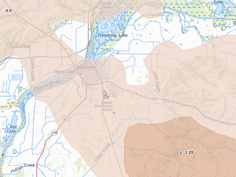 Radar-estimated hail-size map of the storm over Beardstown, IL on May 4, 2026