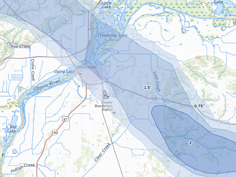 NEXRAD radar-signature map of the hail storm over Beardstown, IL on May 4, 2026