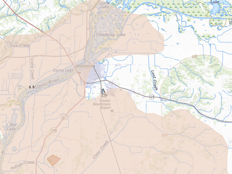 Radar-estimated hail-size map of the storm over Beardstown, IL on Jun 11, 2026