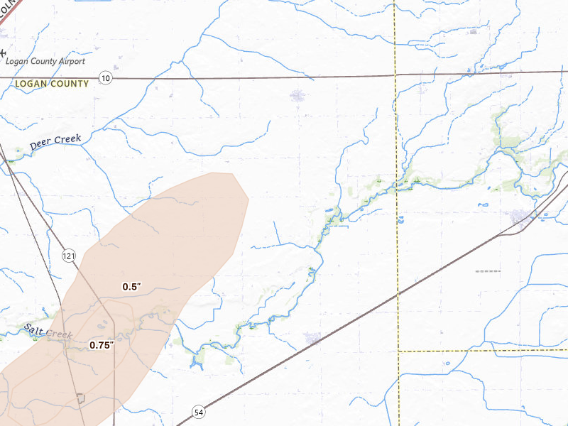 Radar-estimated hail-size map of the storm over Beason, IL on Jul 4, 2026
