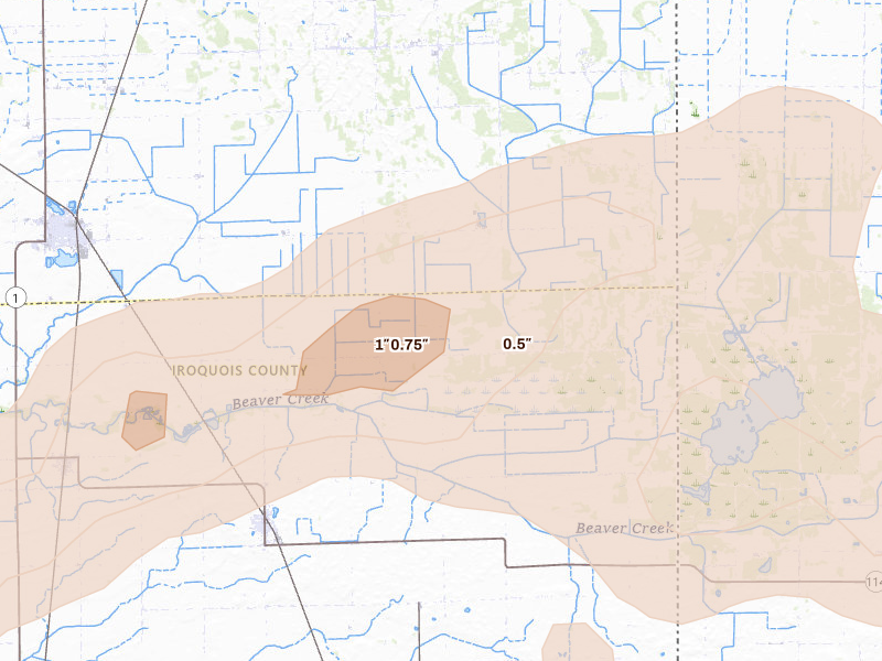 Radar-estimated hail-size map of the storm over Beaverville, IL on Apr 13, 2026