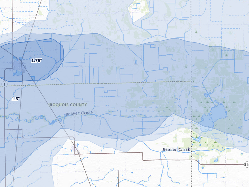 NEXRAD radar-signature map of the hail storm over Beaverville, IL on Apr 13, 2026