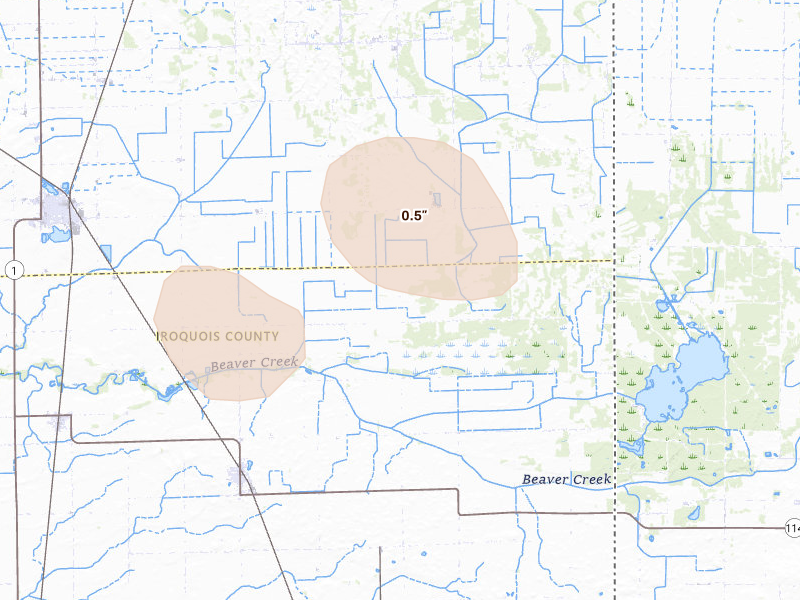 Radar-estimated hail-size map of the storm over Beaverville, IL on Jun 11, 2026