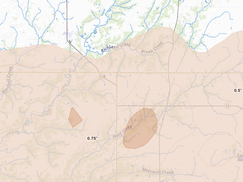 Radar-estimated hail-size map of the storm over Beecher City, IL on Apr 27, 2026