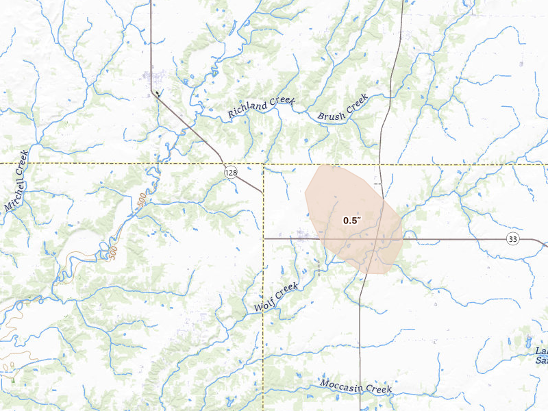 Radar-estimated hail-size map of the storm over Beecher City, IL on Jun 11, 2026