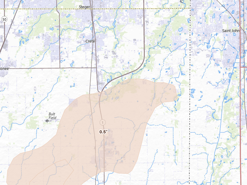 Radar-estimated hail-size map of the storm over Beecher, IL on Jun 11, 2026