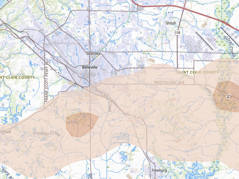 Radar-estimated hail-size map of the storm over Belleville, IL on Apr 26, 2026