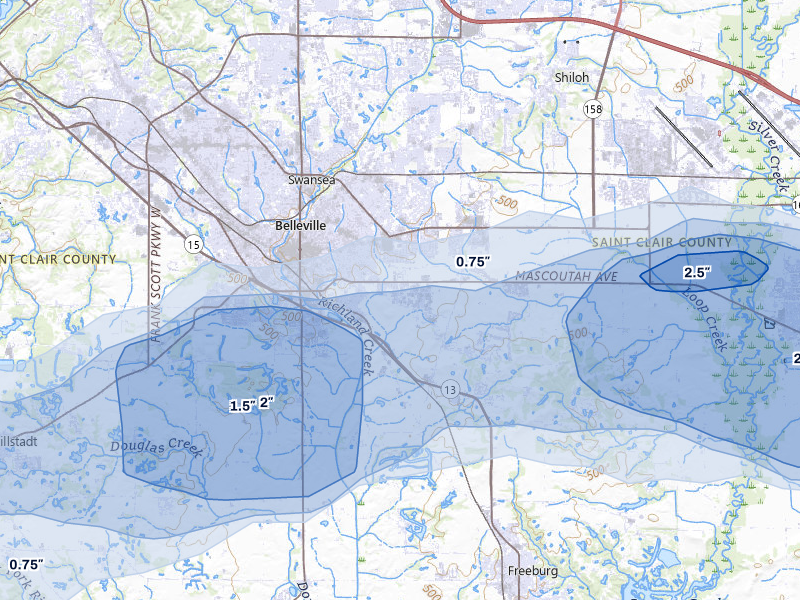 NEXRAD radar-signature map of the hail over Belleville, IL