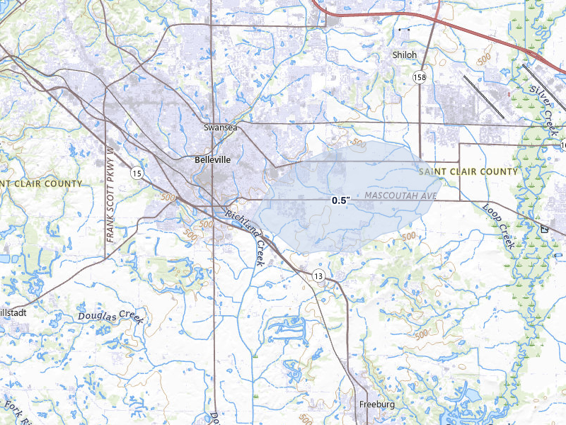 NEXRAD radar-signature map of the hail storm over Belleville, IL on May 18, 2026