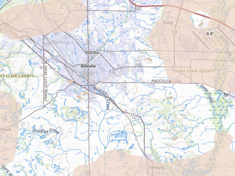 Radar-estimated hail-size map of the storm over Belleville, IL on May 31, 2026
