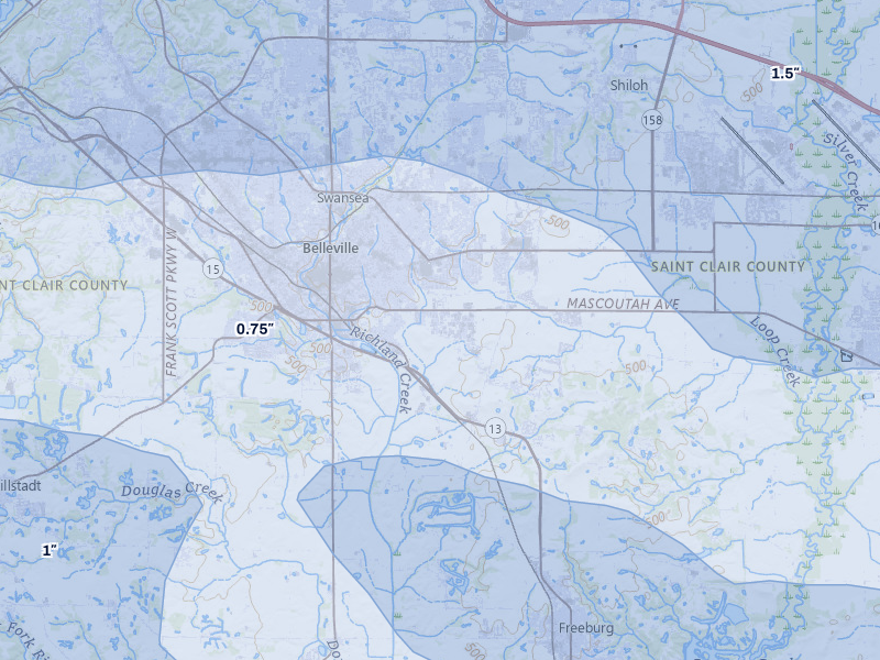NEXRAD radar-signature map of the hail storm over Belleville, IL on May 31, 2026