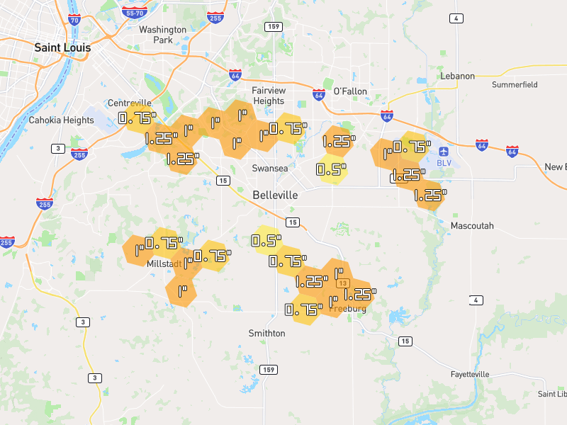 Hail map of Belleville, IL on Jun 1, 2026, hail up to 1.25"