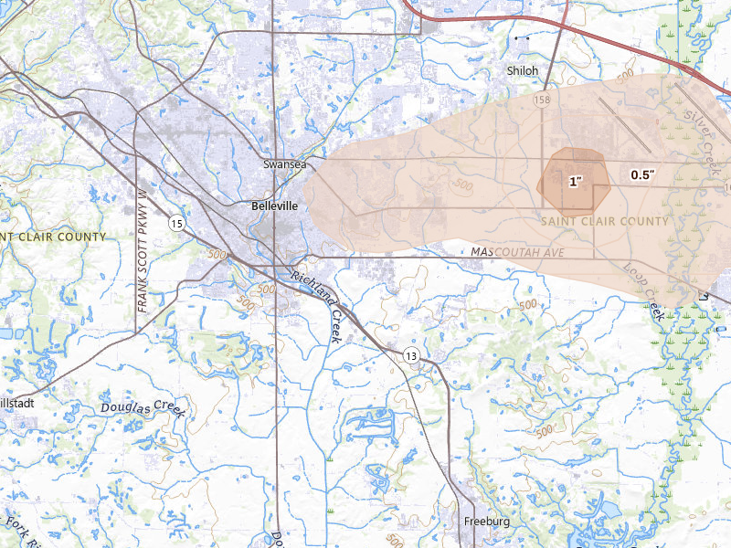 Radar-estimated hail-size map of the storm over Belleville, IL on Jul 10, 2026