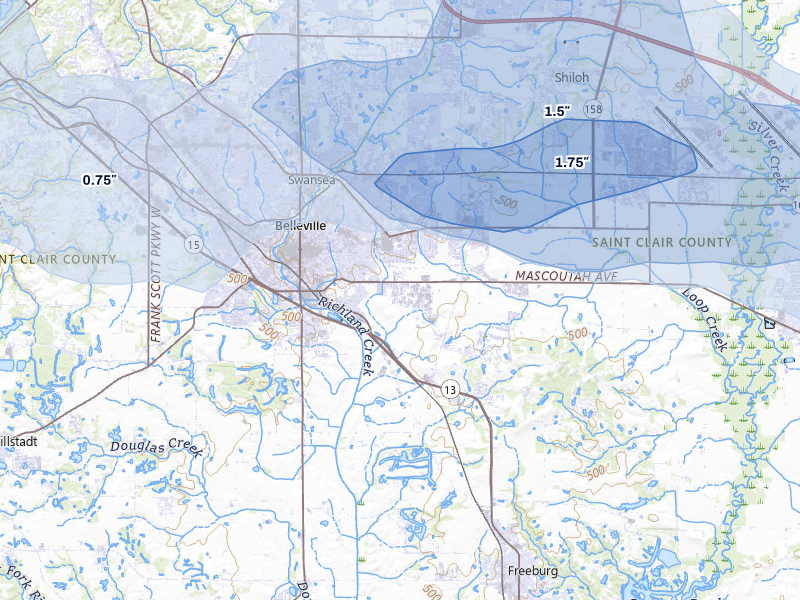 NEXRAD radar-signature map of the hail storm over Belleville, IL on Jul 10, 2026
