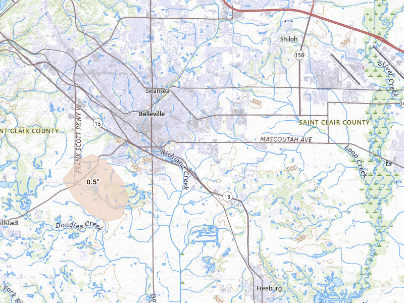Radar-estimated hail-size map of the storm over Belleville, IL on Jul 19, 2026