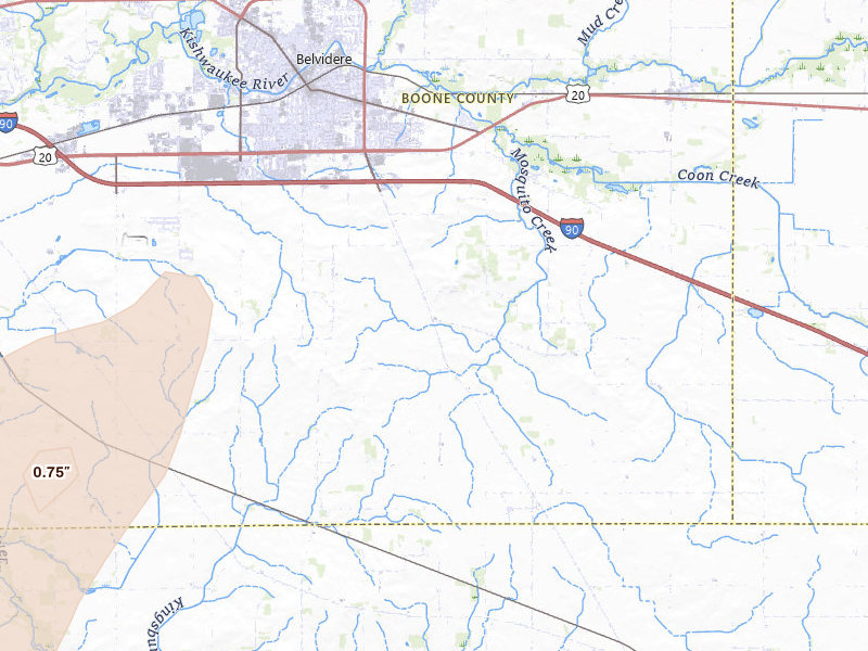 Radar-estimated hail-size map of the storm over Belvidere, IL on Jun 10, 2026