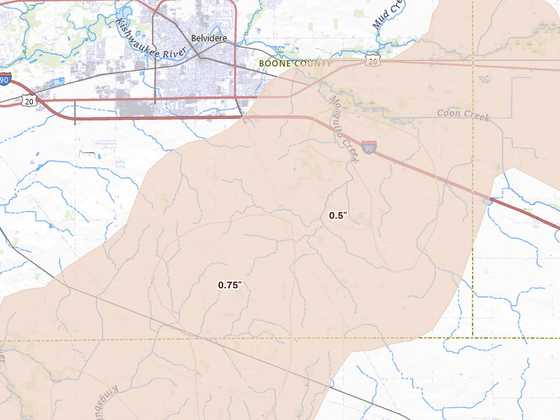 Radar-estimated hail-size map of the storm over Belvidere, IL on Jun 11, 2026