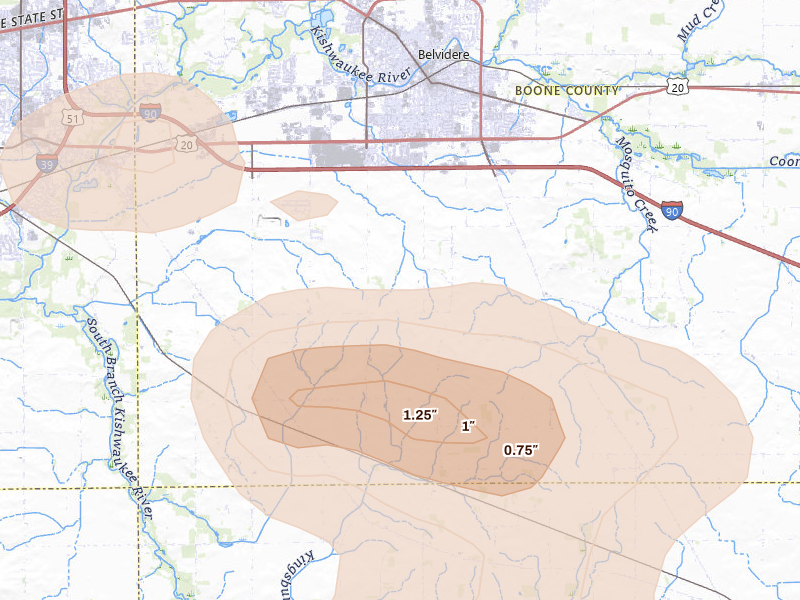 Radar-estimated hail-size map of the storm over Belvidere, IL on Aug 21, 2026