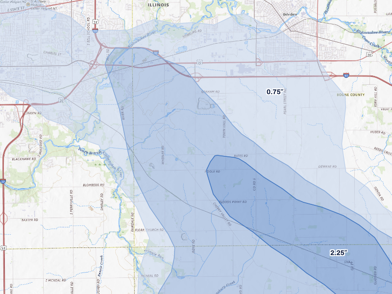 NEXRAD radar-signature map of the hail storm over Belvidere, IL on Aug 21, 2026