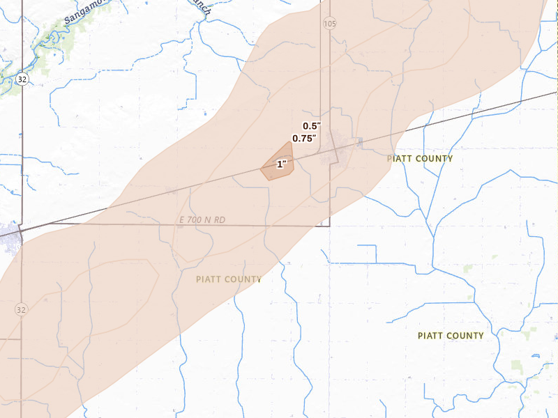 Radar-estimated hail-size map of the storm over Bement, IL on Apr 27, 2026